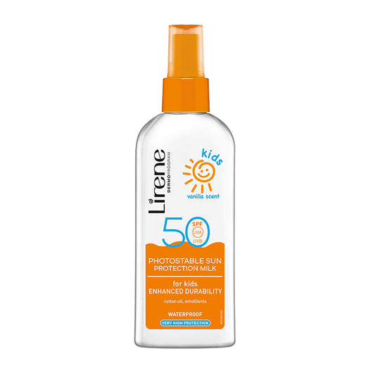 LIRENE SUN - Lapte de corp fotostabil pentru copii, cu factor ridicat de protectie solara SPF 50 si parfum de vanilie, 150ml