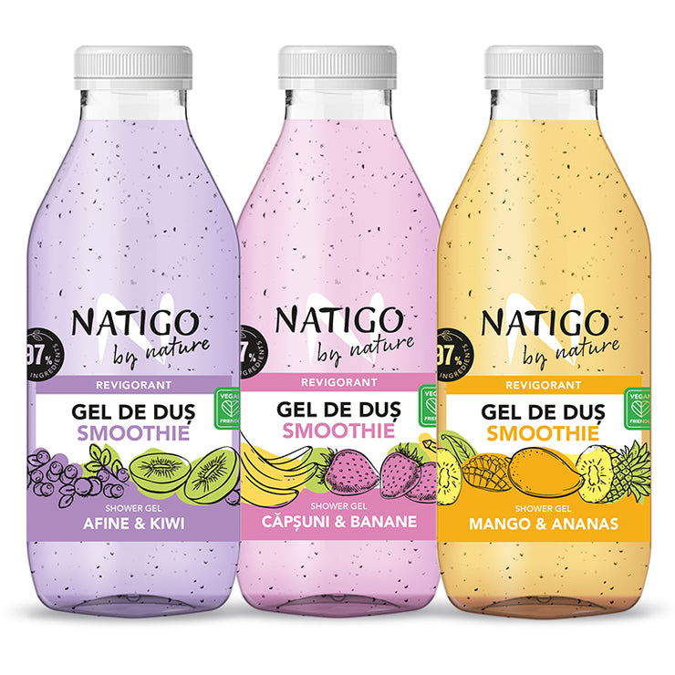 Set gel de dus smoothie cu particule abrazive fine din seminte de fructe de la NATIGO BY NATURE