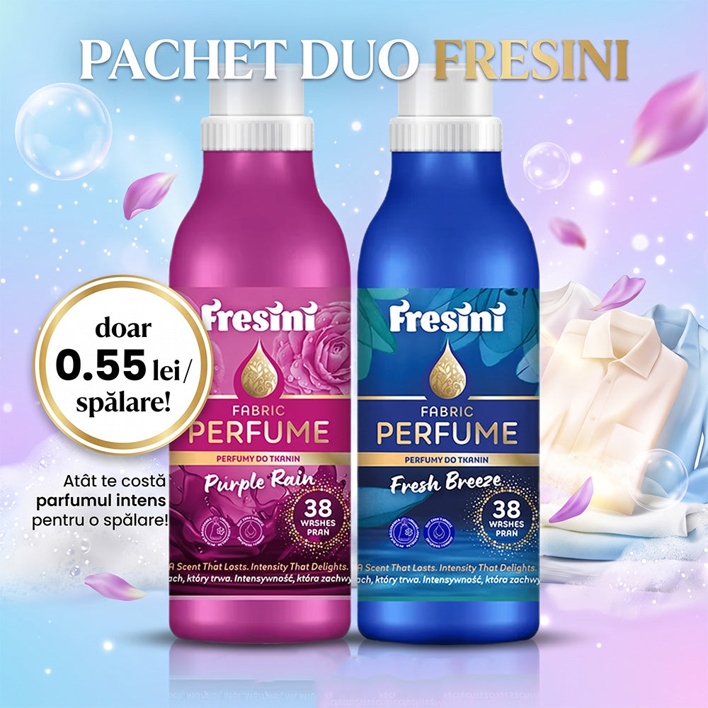 Pachet Fresini 76 de spălări, parfum de rufe Purple Rain & Fresh Breeze (2 x 750ml)