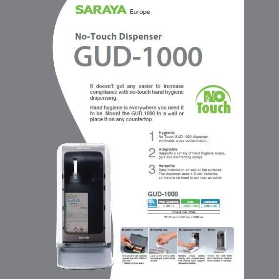SARAYA - Dispenser fara atingere pentru dezinfectarea mainilor. Model GUD-1000AT, capacitate 1L - AIVI Cosmetics